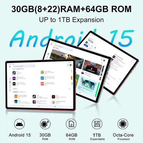 Vista 2 de 2025 Android 15 tablet de 10 pulgadas con teclado, 30GB+64GB+1TB expandibles, tabletas Octa-Core con batería de 6000mAh, pantalla HD IPS, WiFi 5G