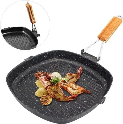 Vista 5 de Sartén de acero al carbono, sartén antiadherente con mango de haya plegable, sartén dividida reutilizable, sartén de ahorro de energía para el hogar
