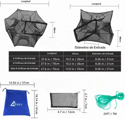 Vista 4 de Drasry Black Fishing Bait Trap Foldable Fish Net for Minnow Crab Crayfish Crawdad Shrimp Trap Cast Net Dip Cage Collapsible Easy Use 4 6 Hole