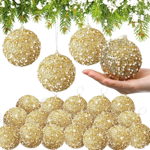 Vista 11 de Lyrow 24 piezas 3.15" Juego de adornos de bola de Navidad con purpurina, bola de espuma con lentejuelas colgante, decorativa, en masa, para árbol