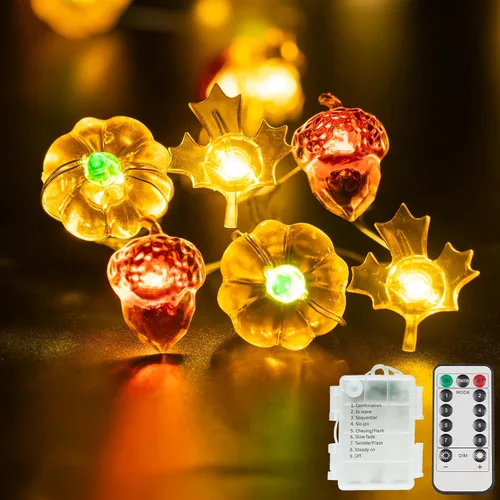 Vista 11 de suddus Luces de calabaza 3D, 40 luces LED de otoño de 12.8 pies, funcionan con pilas con control remoto y 8 modos y temporizador, decoraciones