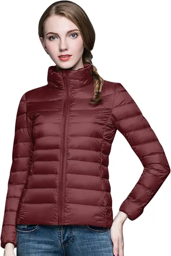 Vista 5 de Chaqueta acolchada plegable para mujer, cálida y ligera, chaqueta de plumón ajustada con capucha, abrigo corto de burbujas de pato con capucha