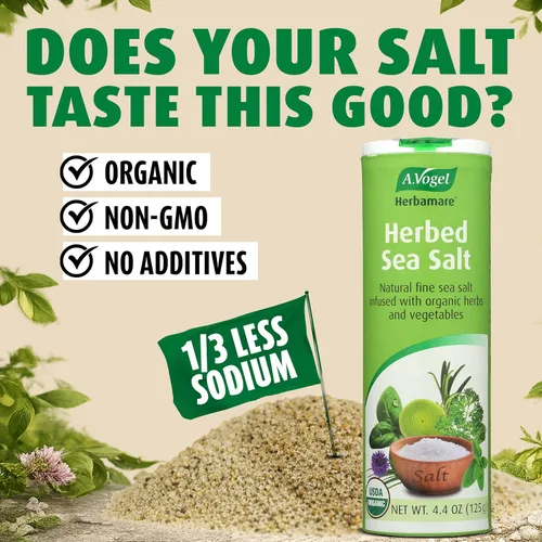 Vista 3 de A. Vogel Herbamare Sal marina sazonada – USDA Orgánica – Sal condimento infundida con 12 hierbas – 33% menos de sodio – Sin OMG – Sin gluten