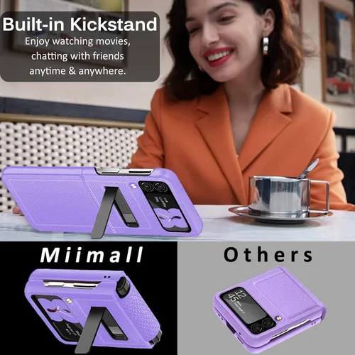 Vista 4 de Miimall Funda de lujo compatible con Samsung Galaxy Z Flip 3, protector de pantalla de cámara + protección de bisagra + funda delgada de cuero