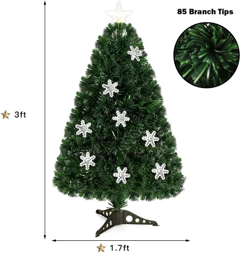 Vista 7 de BestComfort Árbol de Navidad artificial preiluminado de 3 pies con fibra óptica multicolor, 12 luces LED en forma de copo de nieve, estrella