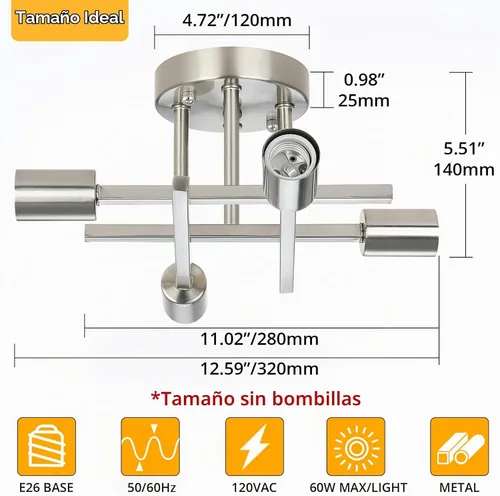 Vista 2 de SunRider Luminaria de Techo Industrial de 4 Luces Semi Empotrada, Níquel Cepillado, Candelabro Colgante Sputnik Plateado Estilo Granja para Sala
