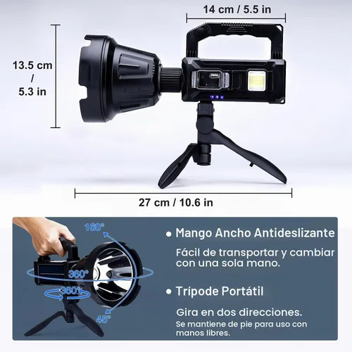 Vista 5 de Foco solar recargable, 2,000,000 lúmenes de alta potencia, luces LED para exteriores, linterna de mano súper brillante de largo alcance con 6 modos