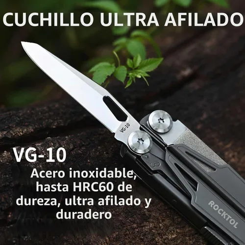 Vista 3 de ROCKTOL Multiherramienta, alicates multiherramienta 19 en 1 con mango chapado en titanio, bloqueo de seguridad, herramienta EDC ligera y funda