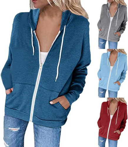 Vista 7 de Chaqueta con capucha para mujer, con cremallera completa, casual, para otoño, color liso, ligera, con cordón, manga larga, ajuste holgado