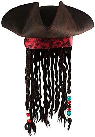 Vista 4 de Nicky Bigs Novelties Sombrero de pirata de tricornio caribeño de bucanero para niños, diseño de rastas, color marrón, Marrón