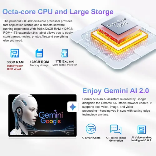 Vista 2 de 2025 Tableta de 10 pulgadas Android 15 Tablets 30GB RAM 128GB ROM 1TB de expansión, Tableta Octa-Core de 8000mAh con estuche a prueba de caídas