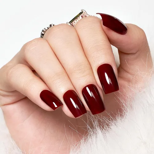 Vista 3 de Uñas postizas a presión extra cortas de color rojo cereza, uñas postizas cuadradas medianas, kit de pegamento reutilizable con pestañas adhesivas