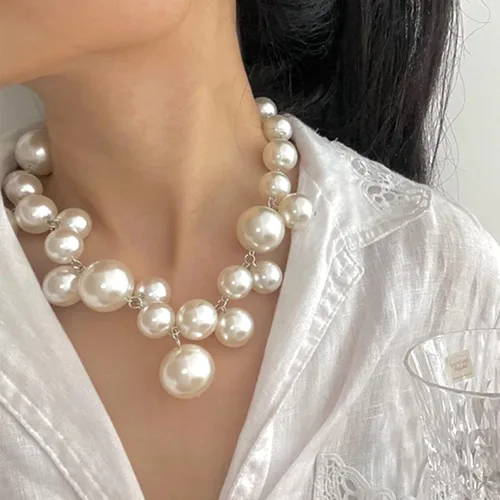 Vista 2 de Collar de perlas para mujer, collar de perlas gruesas, collar de perlas grandes, collar de perlas exageradas, regalo de joyería para niñas