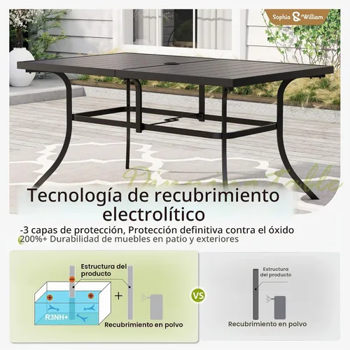 Vista 5 de Sophia & William - Mesa de comedor de metal para 6 personas, con agujero para sombrilla