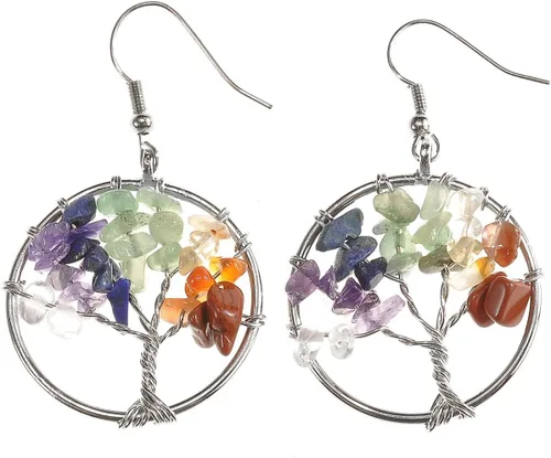 Vista 4 de Jovivi Juego de collar y aretes y pulseras de chakras con cristales curativos de árbol de la vida de 7 chakras, regalos del día de la madre, Piedra