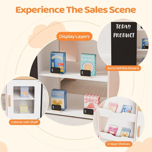 Vista 4 de JOYMOR Tienda de comestibles de juguete, juego interactivo de supermercado de madera con máquina de café expendedora, accesorios de venta y compra