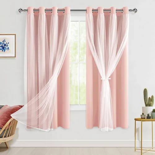 Vista 13 de Hiasan Cortinas opacas con superposición transparente, aislamiento térmico para mezclar y combinar de doble capa, cortinas de oscurecimiento de Beige