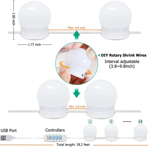 Vista 7 de Luces LED de tocador, temperatura de color ajustable y brillo, 14 bombillas regulables para iluminación de espejo de vestidor
