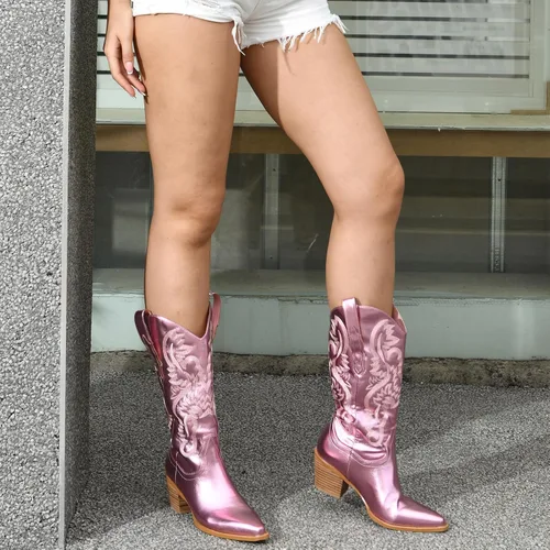 Vista 5 de GOSERCE Botas vaqueras para mujer Botas vaqueras metálicas de media pantorrilla con bordado, brillantes, estilo occidental, de pantorrilla ancha