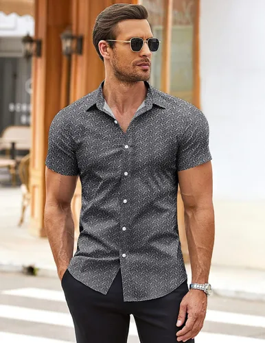Vista 4 de COOFANDY Camisas de vestir para hombre, sin arrugas, manga corta, casual, con botones