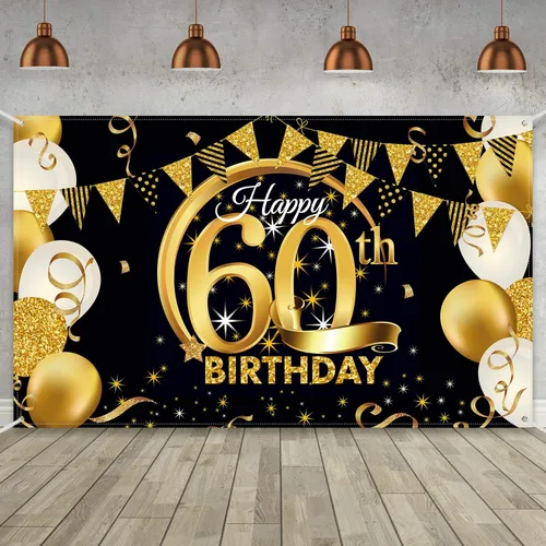 Vista 28 de Decoración de fiesta de cumpleaños número 15, cartel póster de tela extra grande negro y dorado para telón de fondo de cabina de fotos