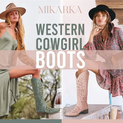 Vista 3 de mikarka Botas vaqueras para mujer, con tachuelas bordadas, botas vaqueras de media pantorrilla, botas occidentales de meter, punta cuadrada, tacón