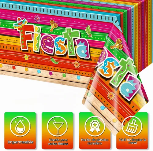 Vista 3 de Mantel de 3 piezas de decoración de fiesta mexicana, mantel de plástico impreso con Cinco de Mayo para fiesta, taco, noche, cumpleaños y suministros