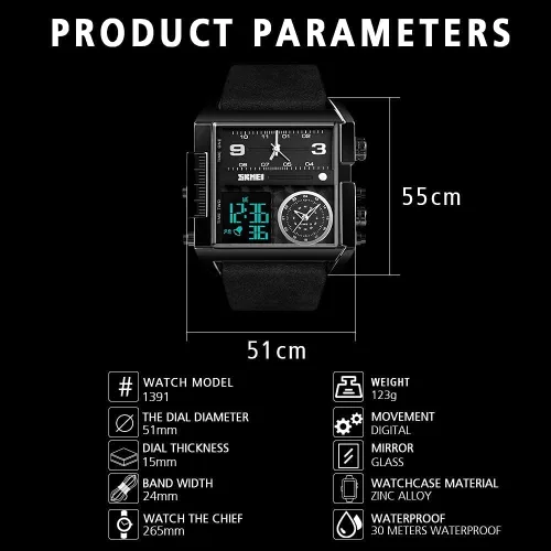 Vista 6 de SKMEI Relojes cuadrados para hombre, retroiluminación LED, pantalla grande, zona multihoraria, impermeable, analógico, reloj deportivo digital