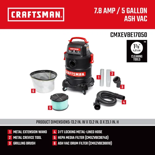 Vista 3 de CRAFTSMAN CMXEVBE17050 - Aspiradora para cenizas y parrilla (5 galones, 7.8 amperios) Portable Dry Only Shop Vacuum with Drum Filter, Cartridge