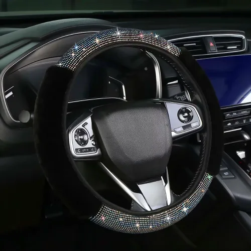 Vista 12 de Funda para volante con destellos para mujeres y niñas, cubierta de volante de diamantes de imitación de color negro con brillantes de piel