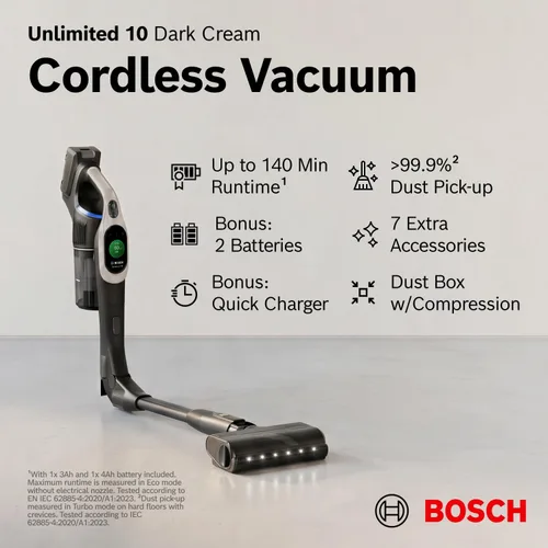 Vista 2 de Bosch Unlimited 10 - Aspiradora inalámbrica con 2 baterías incluidas, hasta 140 minutos en total, tubo flexible, cargador rápido, pelo de mascotas