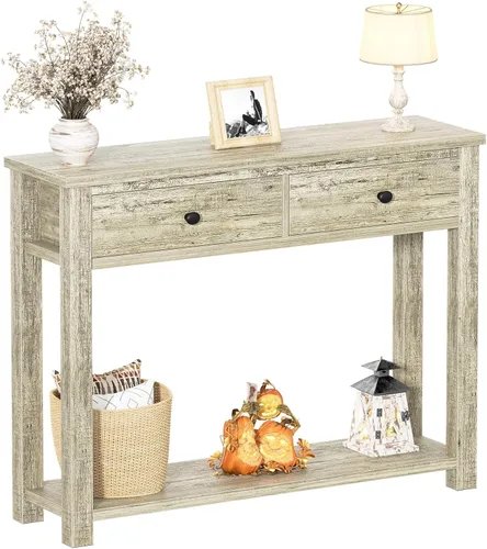 Vista 9 de Homieasy Mesa consola de granja con 3 cajones, mesa de sofá de madera de 47 pulgadas con estante de almacenamiento para sala de estar, detrás