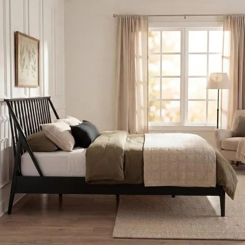 Vista 5 de Merax Cama Queen con plataforma de madera de bambú maciza con cabecera de 46.5 pulgadas de alto, marco de cama bohemio con listones de madera y Negro