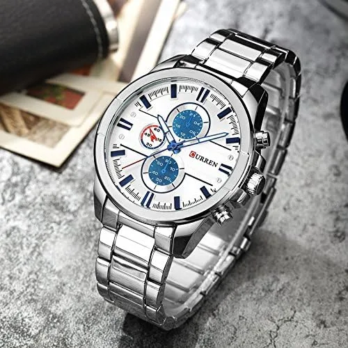 Vista 3 de CURREN 8274 Reloj de cuarzo de lujo para hombre, relojes casuales de moda (azul plateado), plateado, Reloj de cuarzo