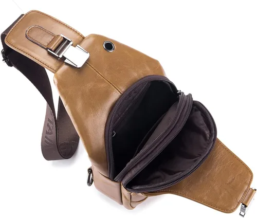 Vista 6 de Hebetag Bolso bandolera de cuero casual para hombres y mujeres, para viajes al aire libre, senderismo, campamento, hombro, pecho