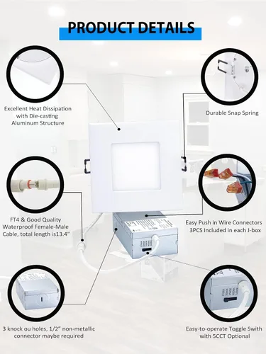 Vista 3 de POPANU Iluminación empotrable LED cuadrada de 4 pulgadas, lámpara empotrable sin lata, luz de techo regulable con caja de conexiones, Blanco