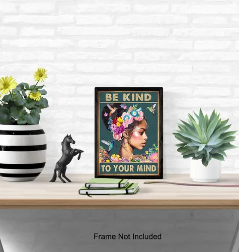 Vista 5 de Arte de pared de mujeres afroamericanas negras – Chica negra – Be Kind to Your Mind - Citas inspiradoras - Colibríes Salud mental Póster de arte
