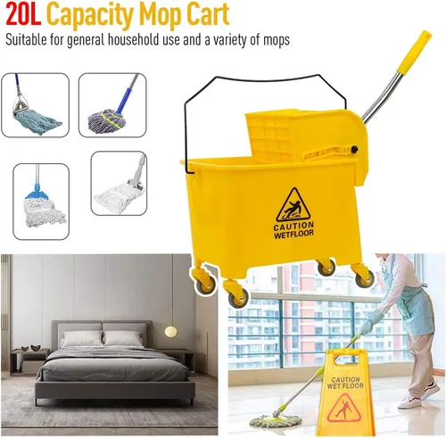 Vista 3 de Combo de cubo de fregona y escurridor lateral, carrito de limpieza resistente y comercial, escurridor de resorte sobre ruedas para limpieza