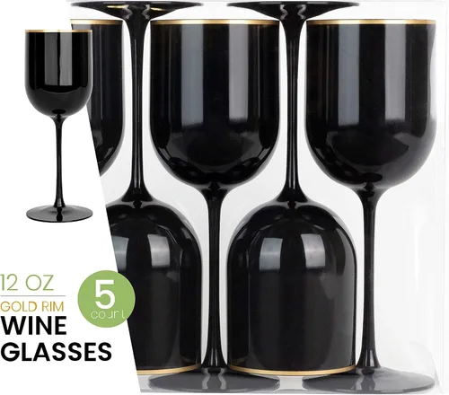 Vista 5 de PLASTICPRO Juego de 5 copas de vino de plástico con borde dorado, elegantes copas de vino de plástico duro en tallo de 12 onzas