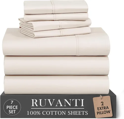 Vista 77 de RUVANTI Juego de sábanas de 4 piezas de algodón 100% natural de percal suave, ligero y transpirable, con bolsillos profundos de 16 pulgadas
