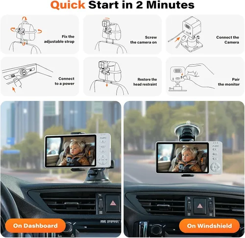 Vista 7 de A2C Cámara inalámbrica para automóvil de bebé, monitor de bebé alimentado por USB para asiento trasero y hogar, pantalla