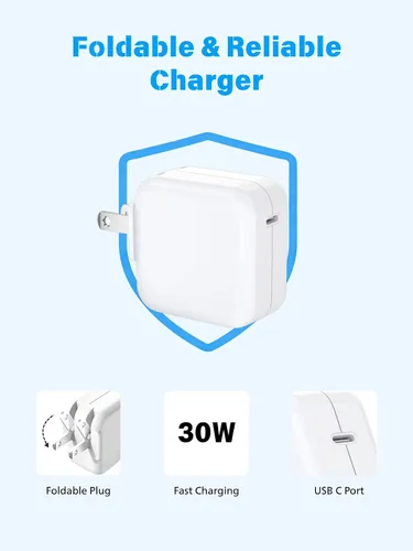 Vista 3 de Cargador de aire para MacBook de carga rápida, Apple 30 W, adaptador de corriente USB C extralargo cable USBC de 10 pies compatible con MacBook Pro