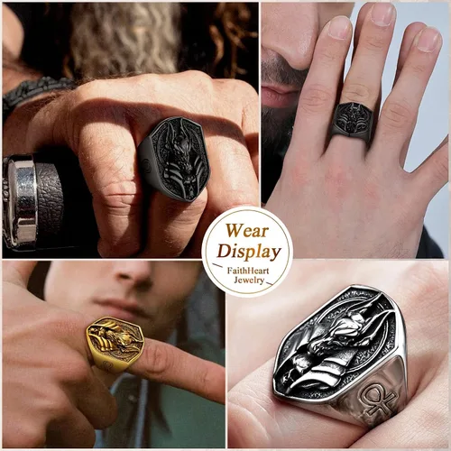 Vista 6 de FaithHeart Anubis - Anillos para hombres y mujeres, joyería de acero inoxidable resistente, anillo de amuleto de cruz Ankh, embalaje delicado, Acero