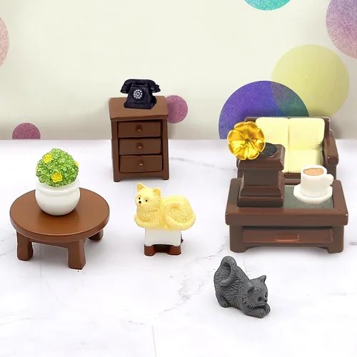 Vista 6 de Kit de 23 piezas de mini muebles marrones para casa de muñecas, accesorios de decoración DIY que incluyen juego de comedor, sala de estar