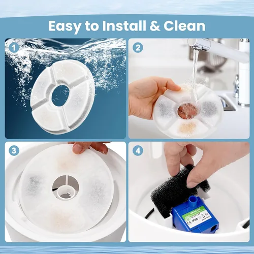 Vista 7 de Repuesto de filtro de fuente de agua para gatos, 4 filtros de fuente de gato de 5 pulgadas de diámetro con sistema de 3 filtraciones, filtros