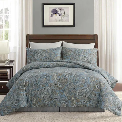 Vista 17 de Juego de edredón floral azul tamaño Queen, juego de ropa de cama botánica azul 100% algodón, edredón suave transpirable de 3 piezas y 2 fundas