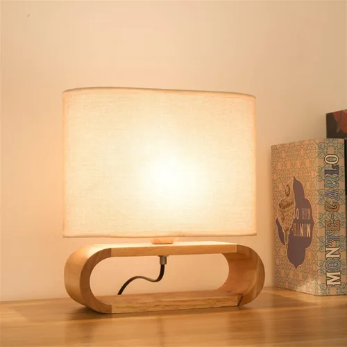 Vista 5 de Lámpara de escritorio LED con base de madera, lámpara de mesa, pantalla de tela, luces de mesa, lámpara de mesita de noche, luces de lectura