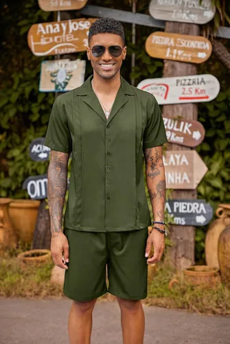 Vista 6 de COOFANDY Conjunto corto de 2 piezas para hombre, camisa con botones Guayabera, casual, trajes de playa de verano Verde militar