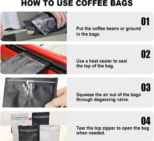 Vista 5 de Bolsas de café con válvula (60 piezas, 4 onzas, 0.25 libras) Bolsas de embalaje de granos de café ventiladas con alta barrera de papel de aluminio