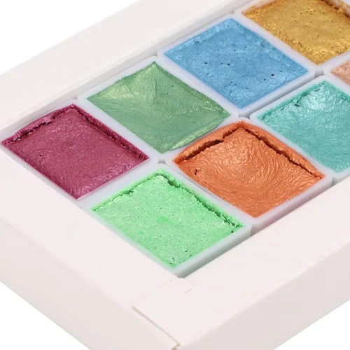 Vista 8 de Juego de pintura de acuarela, 12 colores metálicos con purpurina para acuarela, kit de pintura sólida para artistas, estudiantes, pintura